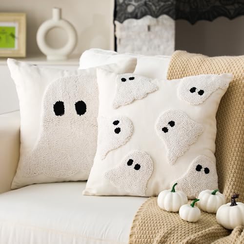 2 Pcs Halloween Pillow Covers 18 x 18 Inch White Ghost Throw Pill...