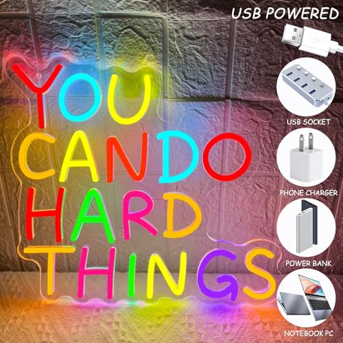 Image of You Can Do Hard Things Neon Sign,Motivational LED Signs for Wall Decor,USB Powered Dimmable Neon Light for Classroom Office Library Kids Wall Art Bedroom Game Room Birthday Party Backdrop Decoration