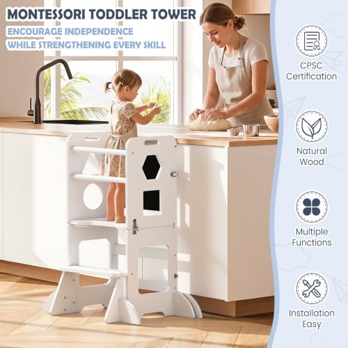 Image of Toddler Standing Tower Anti-Tip Wooden Kitchen Step Stool Helper，White