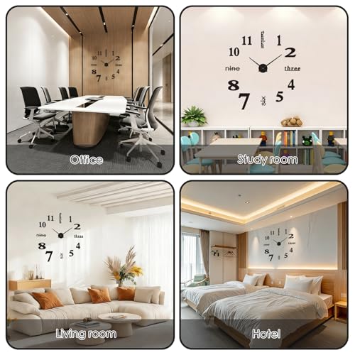 YIQILAIYA DIY Reloj Pared Grande de Diseño Moderno 50cm, Negro 3D Gran Reloj de Pared Espejo Adhesivo Metal Silencioso de 60 a 90cm para Dormitorio, Cocina, Salón, Oficina, Hotel - imagen 7