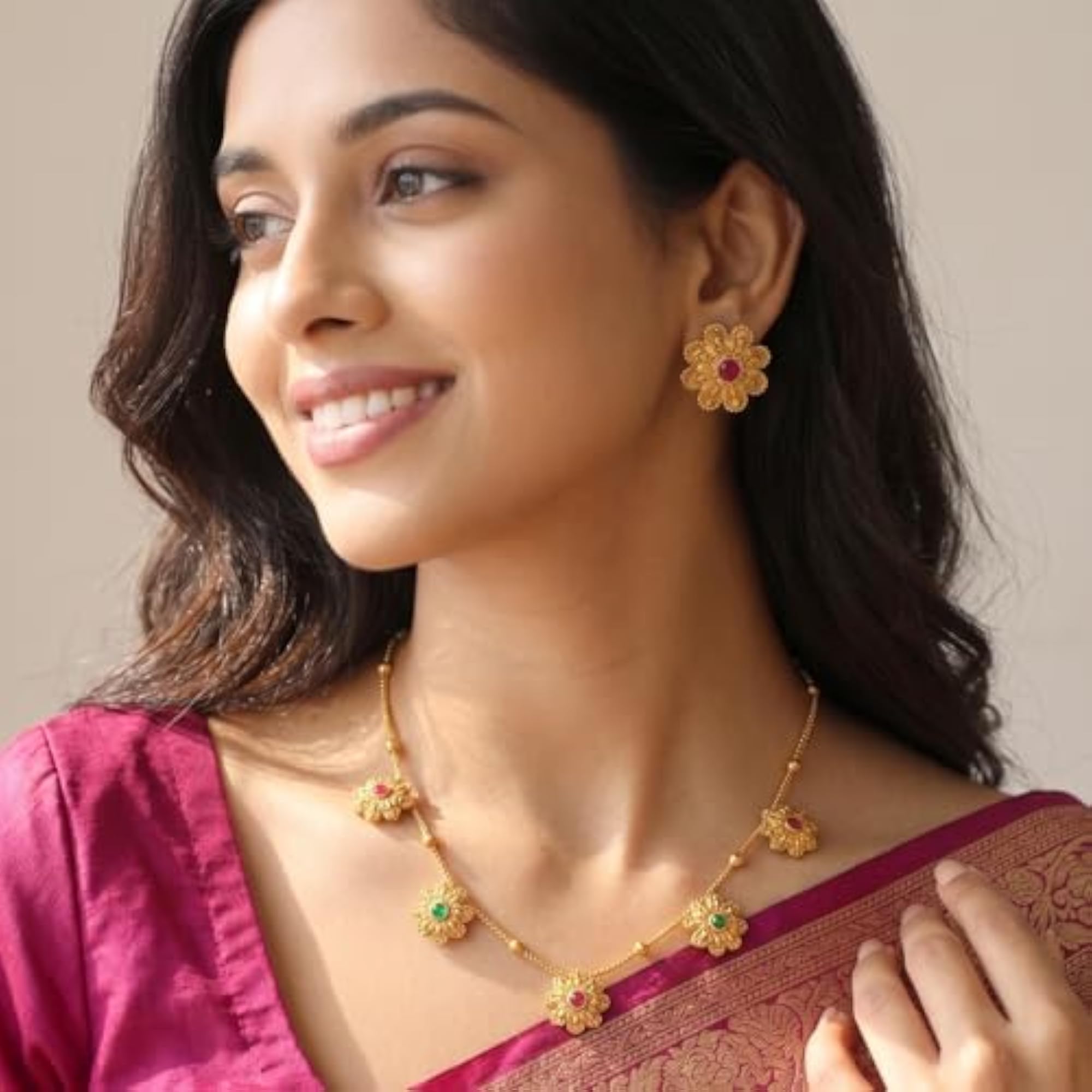 Ethnic Gold Plated Floral Pendant Necklace Earrings Set, Traditional Style