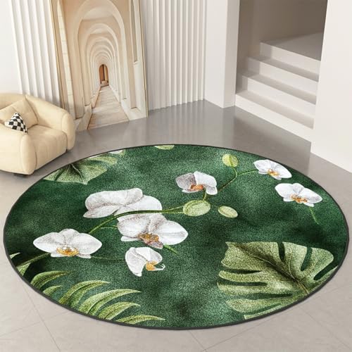 Tapis rond 120 cm en microfibre à feuilles vertes lavable en machine - 4
