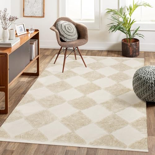 Collive Checkered Boho Rugs For Living Room, 5X7 Beige Large Area Rug Washable Modern Rug Cotton Woven Nursery Rug With Tassels, Soft Tufted Bedroom Carpet For Dorm Kids Room Dining Room Office cover