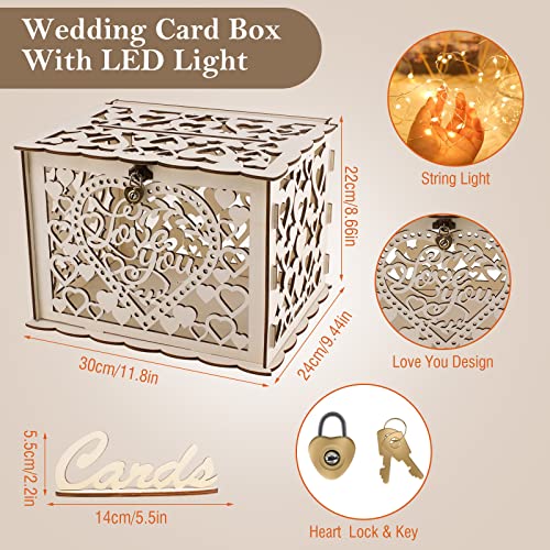 Ngokpyd Wedding Card Box With Slot, Decorative Golden Heart Lock And Fairy Lights, Hollow Wooden Decorations For Reception Baby Bridal Showers Birthday Graduation Party Decor Gifts #TOP2