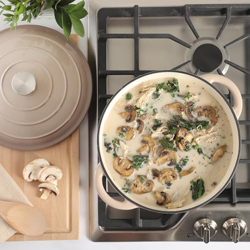 Image of Gibson Home Addlestone 7 Qt Enameled Cast Iron Dutch Oven Pot with Lid - Round, Oven Safe to 500F, Ideal for Bread Baking & Stews - Gradient Taupe