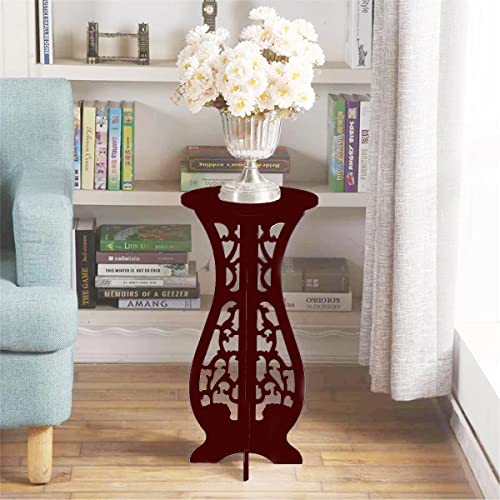 Image of Device Bas With Brown Art Shoppee Round End Tables Living Room,Narrow Night Stands Round Side Table,Antique Carved Coffee Table,Pedestal Plant Stand For Balcony(White)(Brown)-Engineered Wood