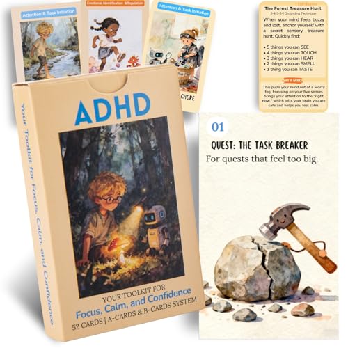 ADHD Skill Cards for Kids & Parents - 52 Guided Therapy Cards for Emotional Regulation, Focus & Social Skills - Pocket-Sized Behavior Management Tool with A/B System, Ages 6-12, Home School Therapy