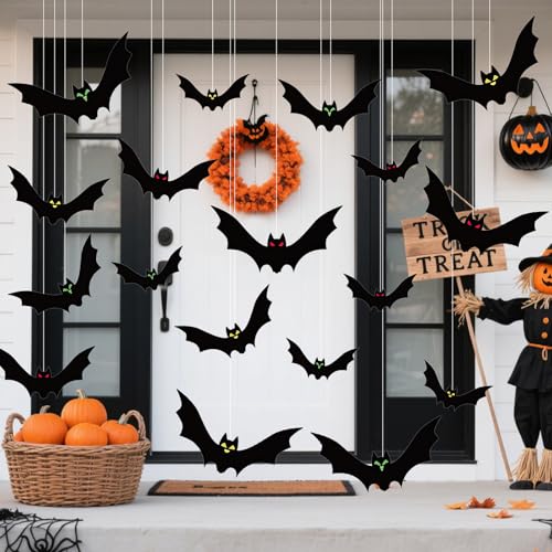 18 Stück Halloween Hänge Fledermäuse, hängende Fledermäuses, Halloween 3D Fledermausdekoration, Fliegende Fledermäuse mit Augenaufklebern und Schnurrolle für Partys,Outdoor, Garten Dekoration