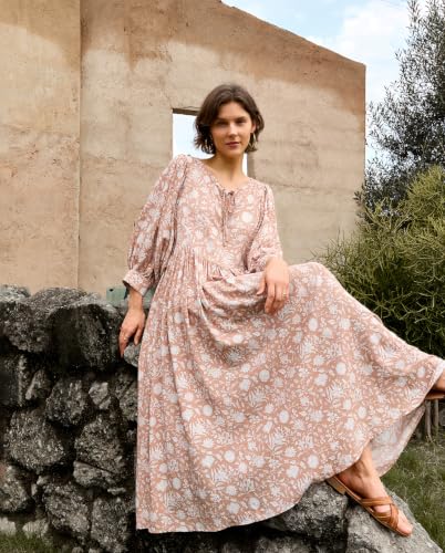 Image of Casual Summer Dresses for Women Deep V Puff Sleeve Boho Midi Floral Dress