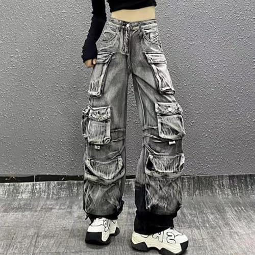 Gothic Y2K Streetwear Women's Cargo Jeans - Multi-Pocket Gradient Denim Pants, Hip-Hop Fashion3