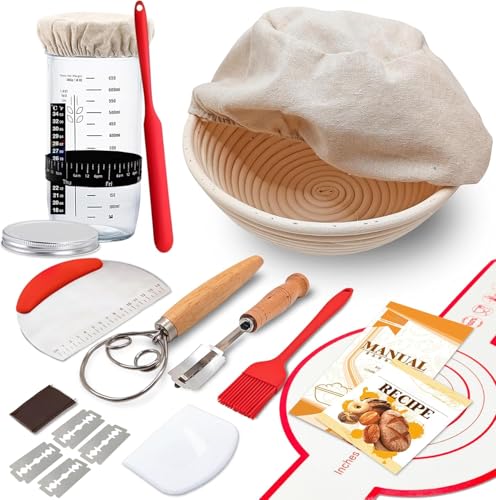 Complete Sourdough Starter Kit 9 Round Banneton Proofing Basket Glass Sourdough Jar Natural Rattan & Glass Baking Supplies for Home Bakers Baking Tools and Accessories