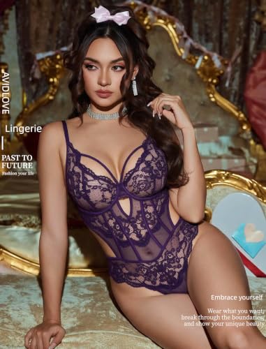 Image of Avidlove Sexy Lingerie for Women Lace Bodysuit Cut Out Snap Crotch Teddy