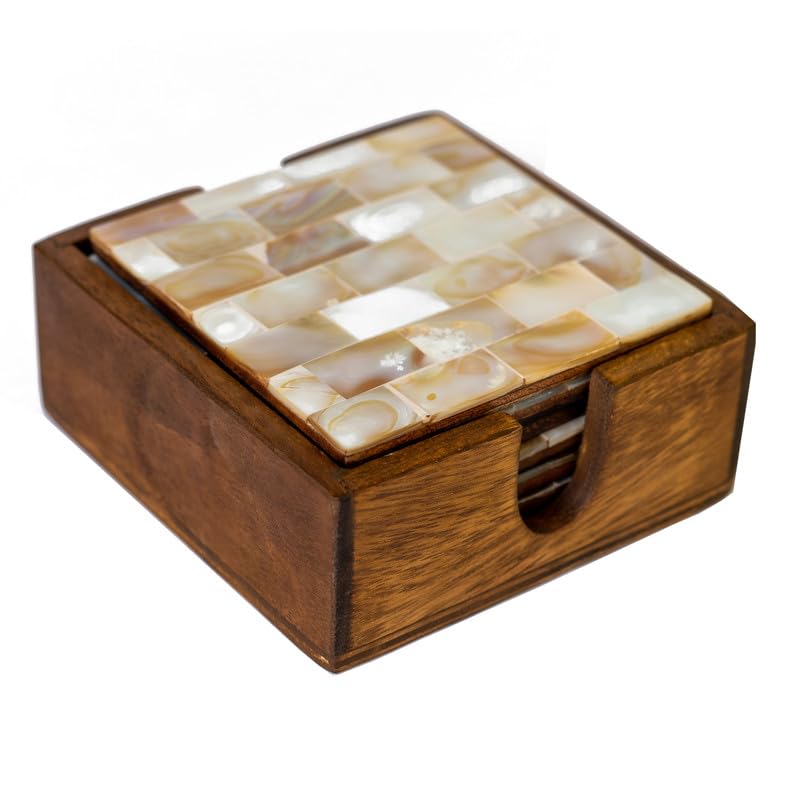 VISHWAKARMA Handicraft Mother of Pearl Coaster Set of 6 - Tea & Coffee Tables-image-4
