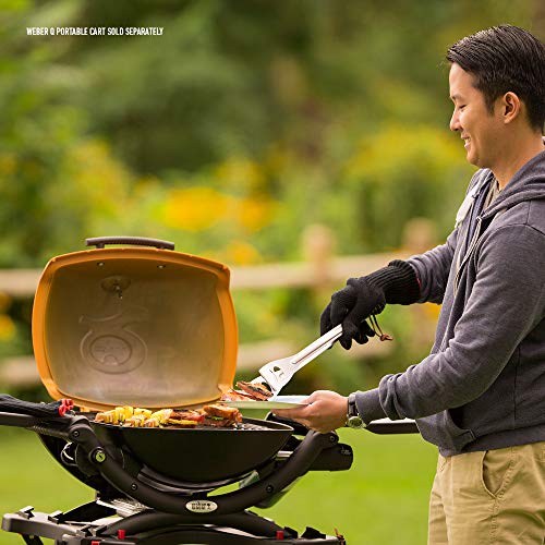 Image of Weber Q1200 Liquid Propane Portable Gas Grill, Orange - 1‑Burner Travel and Camping Grill with Cast‑Iron Grates & Electronic Ignition (8,500 BTU Burner) | 8, 500 Btu Burner, Porcelain-Enameled Cast-Iron Grates, Electronic Ignition, Cast-Aluminum Body, Folding Side Tables