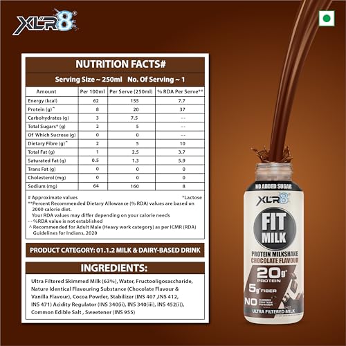 Image of XLR8 FitMilk Protein Milk | 20g Protein Milkshake 250ml (Pack of 2) | 5g Fibre | Chocolate | No Added Sugar | Contains Prebiotic Fiber | Ideal for Early Mornings, Pre & Post Workouts Energy Drink