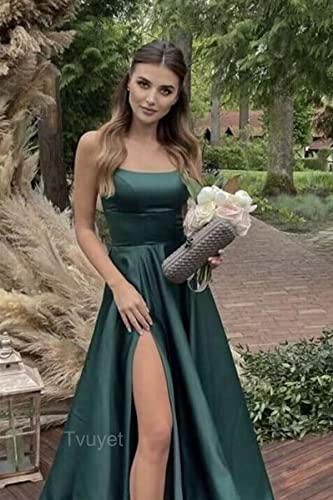 Tvuyet Satin Prom Dresses Long with Pockets Spaghetti Straps A Line Bridesmaid Dresses with Side Slit Ball Gown4
