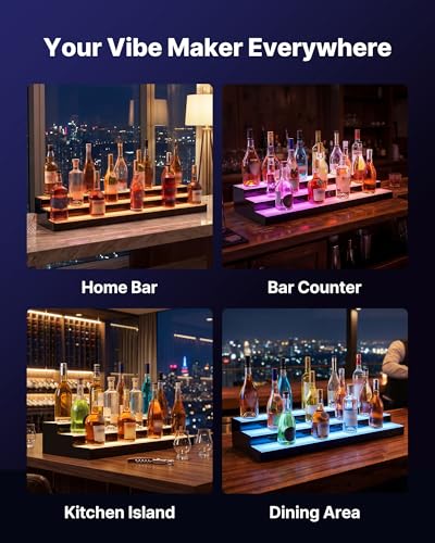 Image of VEVOR LED Lighted Liquor Bottle Display, 3 Tiers 40 inches, Acrylic Illuminated Home Bar Shelf Display with RF Remote & App Control, DIY Setup with Type-C Cables, 9 Static Colors, for 30-39 Bottles
