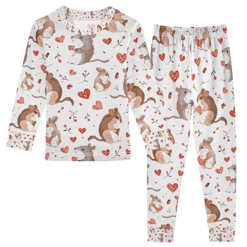 senya Squirrel Holding Love Heart Pajamas Set Long Sleeve Soft Cotton Sleepwear 2 Piece
