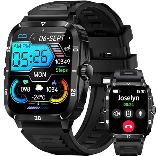JELLOO Reloj Inteligente Militar Resistente al Agua 3ATM para Hombres (marcar/Hacer Llamadas), rastreador de Actividad física de 1,96’’, frecuencia cardíaca, Monitor de sueño, Compatible con Android