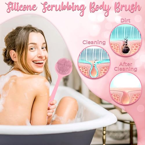 Image of Silicone Back Scrubber, Long Handle Soft Bristles Bath Brush with Massage Beads, Body Shower Washing Brush Wet or Dry Cleaning Spa Brushing for Men and Women (Pink Pack of 1)