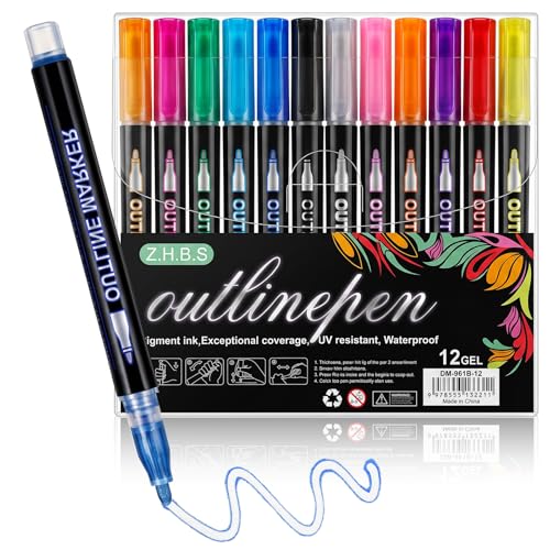 12 Colors Glitter Pens - Colouring Outline Pens Markers Double Line