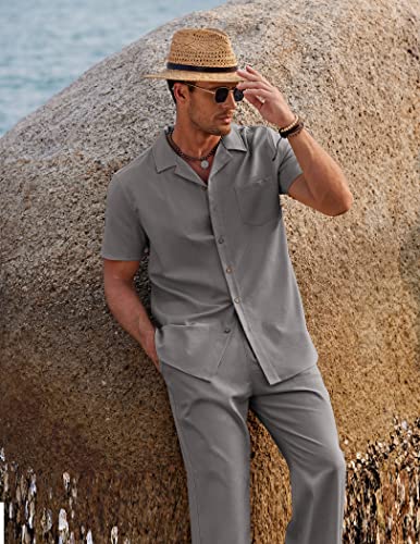 Image of COOFANDY Men 2 Piece Linen Outfit Beach Button Down Shirt Casual Loose Pant Sets