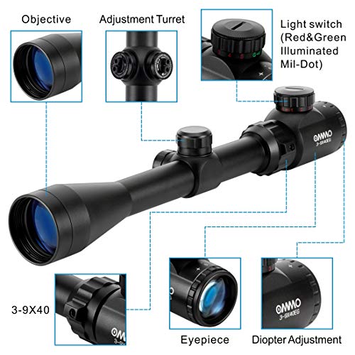 OMMO 3-9X40 Rifle Scope, Red Green Illuminated Optical Mil-Dot Riflescope for Hunting, with Flip-Open Covers