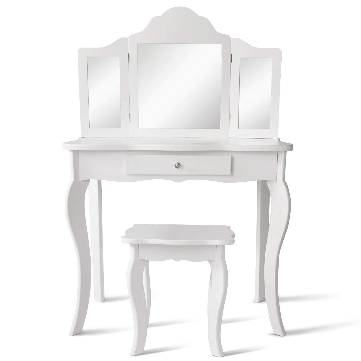 LIFEZEAL Coiffeuse Enfant 2 en 1 avec Tabouret et Tiroir, Coiffeuse Enfant Fille avec Miroir à 3 Volets Pliables, Table de Maquillage pour Enfants 3-7 Ans, 70x34x105cm (Blanc)