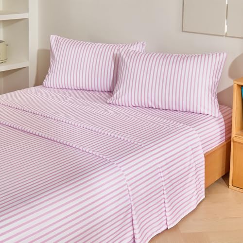 Image of MCO 4Pieces Striped Sheets Set, Breathable Full Sheet Set with 16 inch Deep Pocket,Modern & Luxury, Brushed Microfiber Bedding Set(Full, Pink Simple)