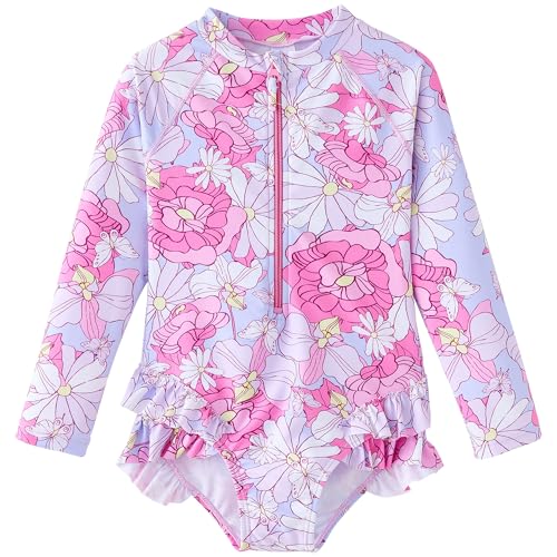 Image of UMELOK Girls Long Sleeve Swimsuit Toddler One Piece Bathing Suit 4-10Years | UPF 50+ Sun Protection,Rash Guard Swimwear,Ruffle,Zipper,Soft And Comfortable Fabric,Swimming Pool,Beach