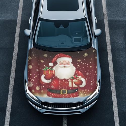 Image of Renewold Christmas Santa Claus Snowflake Car Hood Cover for Automobile Xmas Winter Vehicle Hood Cover Party Festival Celebration Decor Outdoor Wrap Blanket Exterior Car Accessories Gift for Women Men