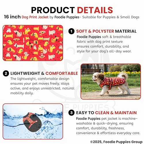 Image of Foodie Puppies Dog Winter Jacket - (Dog Printed, 16 Inch) for Small Size Breeds | Ultra Warm Waterproof & Windproof Coat | Adjustable Velcro Closure, Washable Vest for Cold Weather