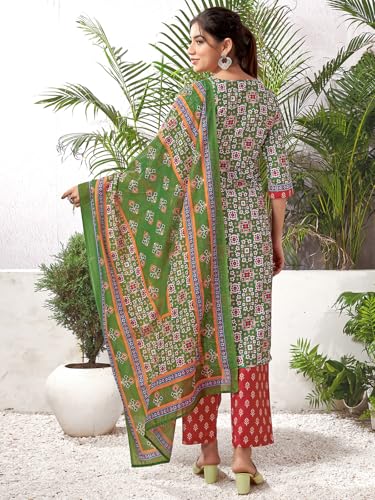 Sanisa Women's Rayon Blend Geometric Printed Straight Kurta With Pant And Dupatta Set (179Kbd1915N-M_Green & Red & Yellow & And Multi)