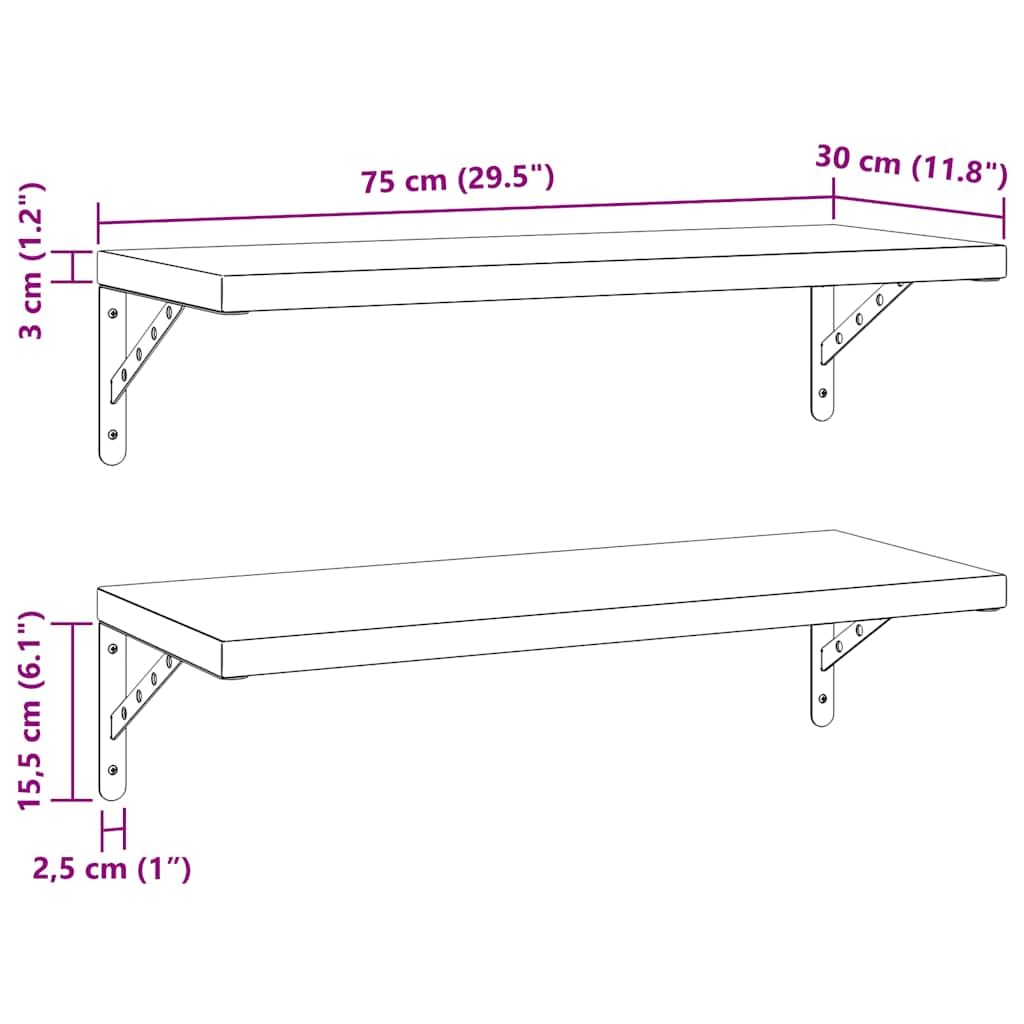 Półki ścienne 2 szt. 75 x 30 cm stal szlachetna regał wiszący półka ścienna srebrna do salonu sypialni biura