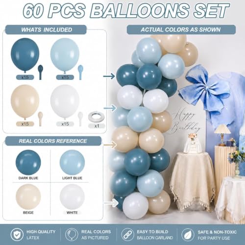 Image of Dusty Blue Balloons 60PCS 12Inch Slate Baby Light Blue White Balloon | Sand Balloons for Boys Baby Shower Bridal Shower Engagement Wedding Coastal Birthday Party Decorations