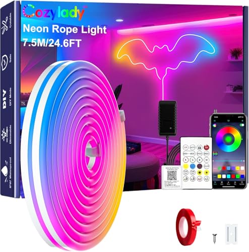 Image of Cozylady RGB Neon Light LED Rope Light,Waterproof Bluetooth APP Remote Control Music Sync Strip Light,24V Flexible DIY Silicone Light for Bedroom Home Indoor Outdoor Decoration (25Ft /7.5M)