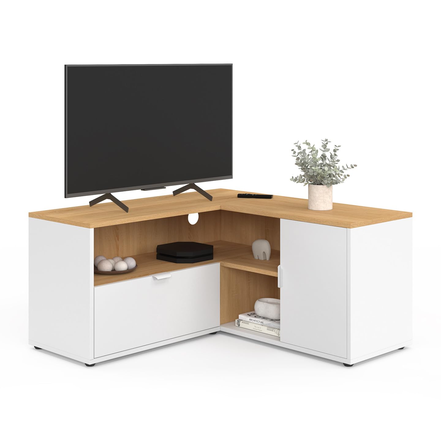 IDMarket - Meuble TV 90 x 90 cm d'angle Baltazar façon hêtre et Blanc