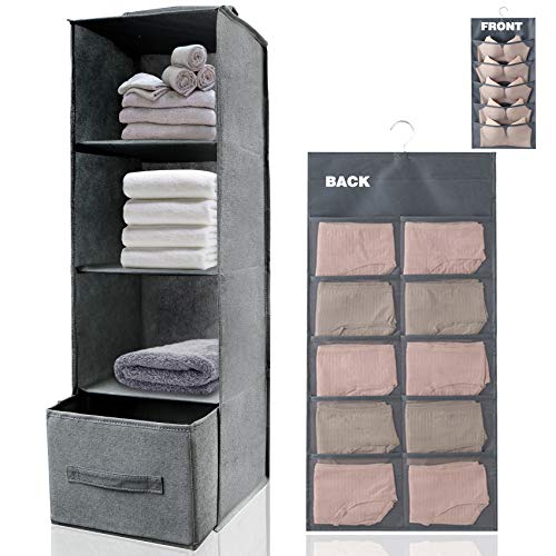 Hanging Closet Organizers and Storage with Drawers, 2 Pcs 4-Shelf Hanging Drawer for Closet & Dual-Sided Hanging Pockets for Clothes Bra Underwear Socks, Collapsible Heavy Duty Hanging Closet Dresser