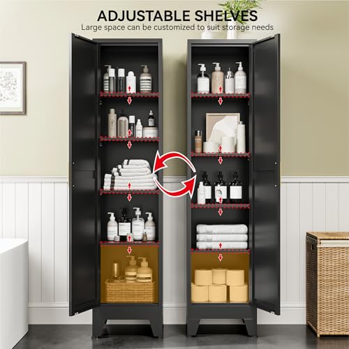 Image of COFaR 67 inch Slim Bathroom Storage Cabinet, Black Metal Storage Cabinet with Magnetic Door & 4 Adjustable Shelves, Slim Freestanding Cupboard for Office, Kitchen, Bathroom