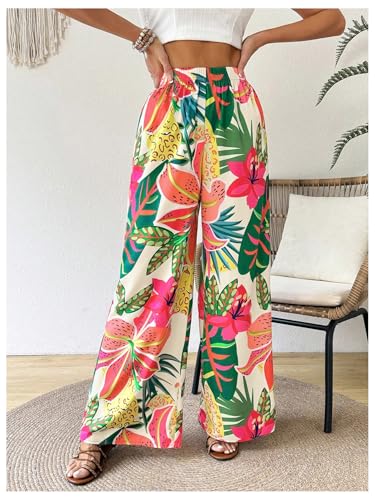 WDIRARA Women's Tropical Floral Print Elastic Waist Wide Leg Pants Palazzo Pants4