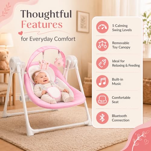 Image of Baby Swing SpaceSaver Ultra-Compact Foldable Infant Swing (Fits in 5.3 inch Gaps!) 6 Speed Modes | Portable Newborn Swing for Travel /Car /Picnic (0-6M, 6-20lbs Pink)