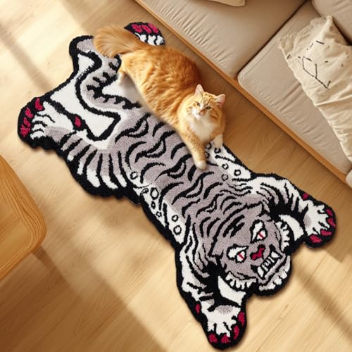 Naoloture Tappeto da bagno con tigre tibetana, tappeto da bagno, 1 x 1,5 m, morbido trapuntato, con animali, antiscivolo, assorbente, lavabile, per camera da letto e soggiorno, colore: grigio, 102 x