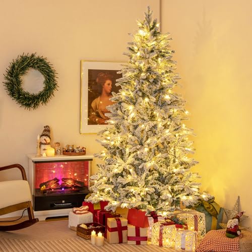 Image of Goplus 7ft Pre-Lit Snow Flocked Christmas Tree, Artificial Hinged Xmas Tree with 1687 Branch Tips, PE & PVC Mixed Leaves, 300 Warm-White LED Lights, Foldable Metal Base, for Home Office Holiday Decor