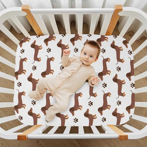 Image of CaTaKu Dachshund Dog Paws Print Mini Crib Sheets for Girls Boys Baby Mattress Sheets Fitted, Soft Toddler Nursery Bed Sheets Neutral 28 inchx 52 inch