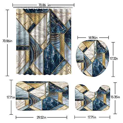 4 Pcs Blue Marble Shower Curtain Sets, Blue Gold Irregular Geometric Abstract Bathroom Decor, Rug Toilet Lid Cover And Non-Slip U Shape Mat, Waterproof Modern Shower Curtain With 12 Hooks, 72 X 72 In #TOP1