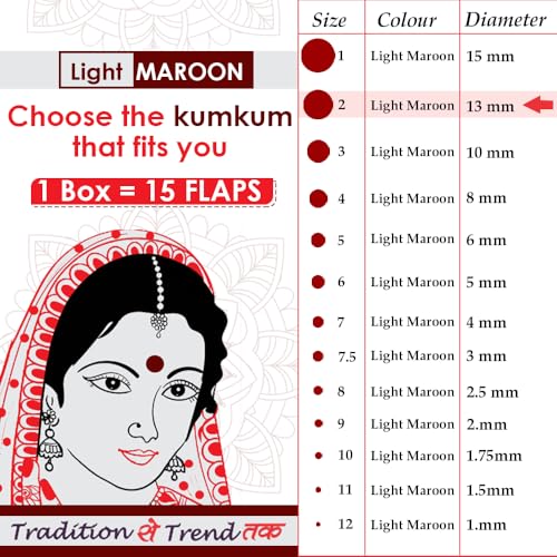 Image of PERPAA Kumkum Velvet Round Sticker Bindi Box of 15 Flaps for Ladies Women Forehead Bindi (Stick On) (Size 2, Diameter 13mm, Light Maroon)-Self-Adhesive