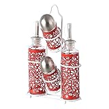 Set para aliñar ensaladas con soporte. Fabricado en acero inoxidable y cristal. El soporte es metálico y de color blanco.