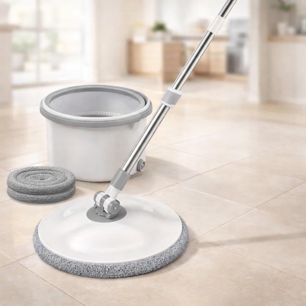 Mevigo Spin Mop with Bucket Deluxe System for Floor Cleaning - 360° Flexible Mop with Self Separation System with 2 Pcs Reusable Microfiber Pad Home, Kitchen, Bathroom & Office -White