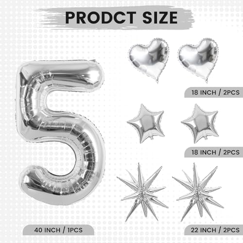 Image of TONIFUL 5th Birthday Balloons Kit 40Inch Silver Large Number 5 Foil Balloon