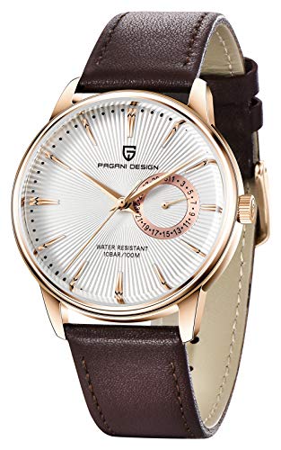 Pagani Design Men's Quartz Watches, Casual Leather Strap, Waterproof Wrist Watches for Men (Golden White)